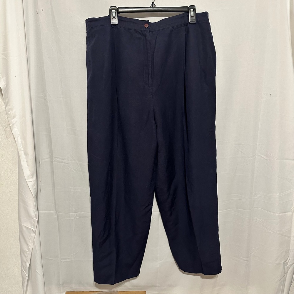 Valerie Stevens II Navy Blue Linen Rayon Pleated Trousers Womens 18W High Rise